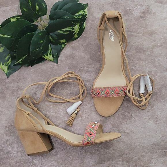 Botkier Penelope Tan Suede Embroidered Ankle Lace Up Heeled Sandals NEW Womens 8 - Picture 2 of 10